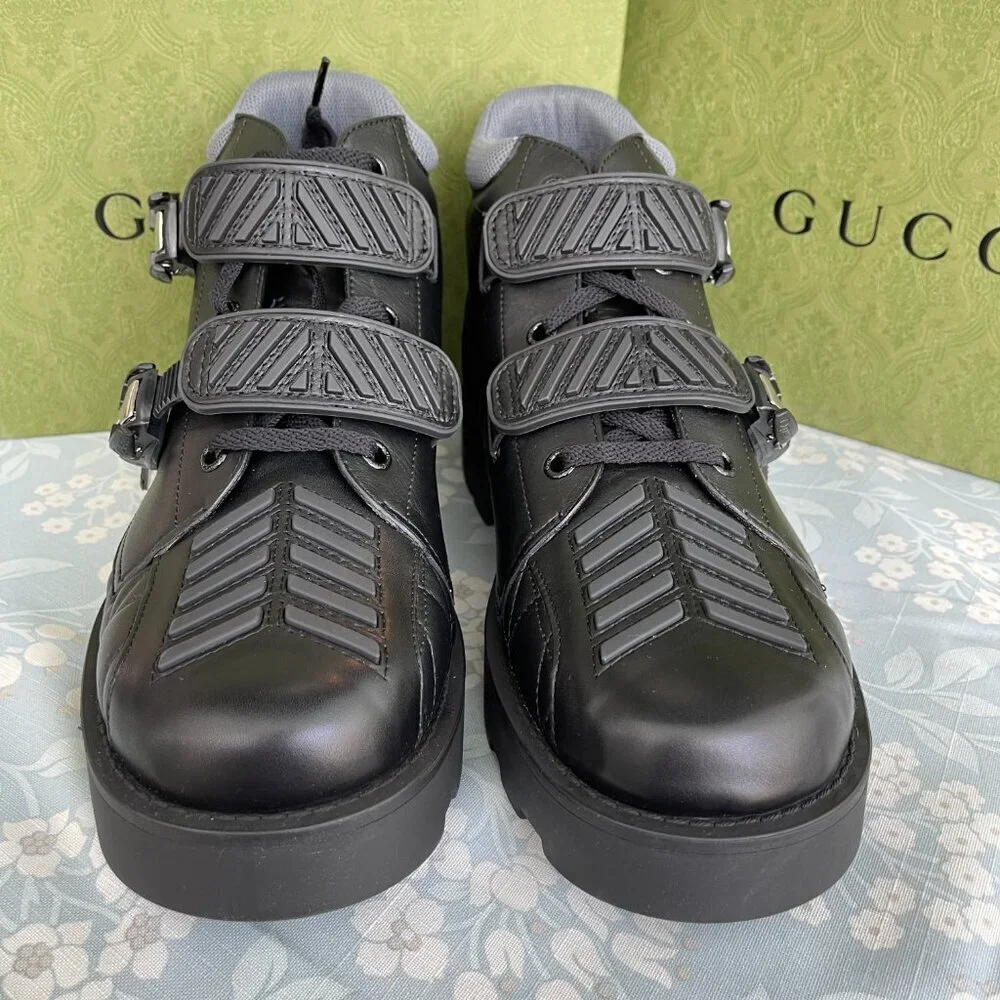 Gucci 718665 Black Leather Quebec Hi-top Calf Men's Sneakers‎ Shoe, Sz G10